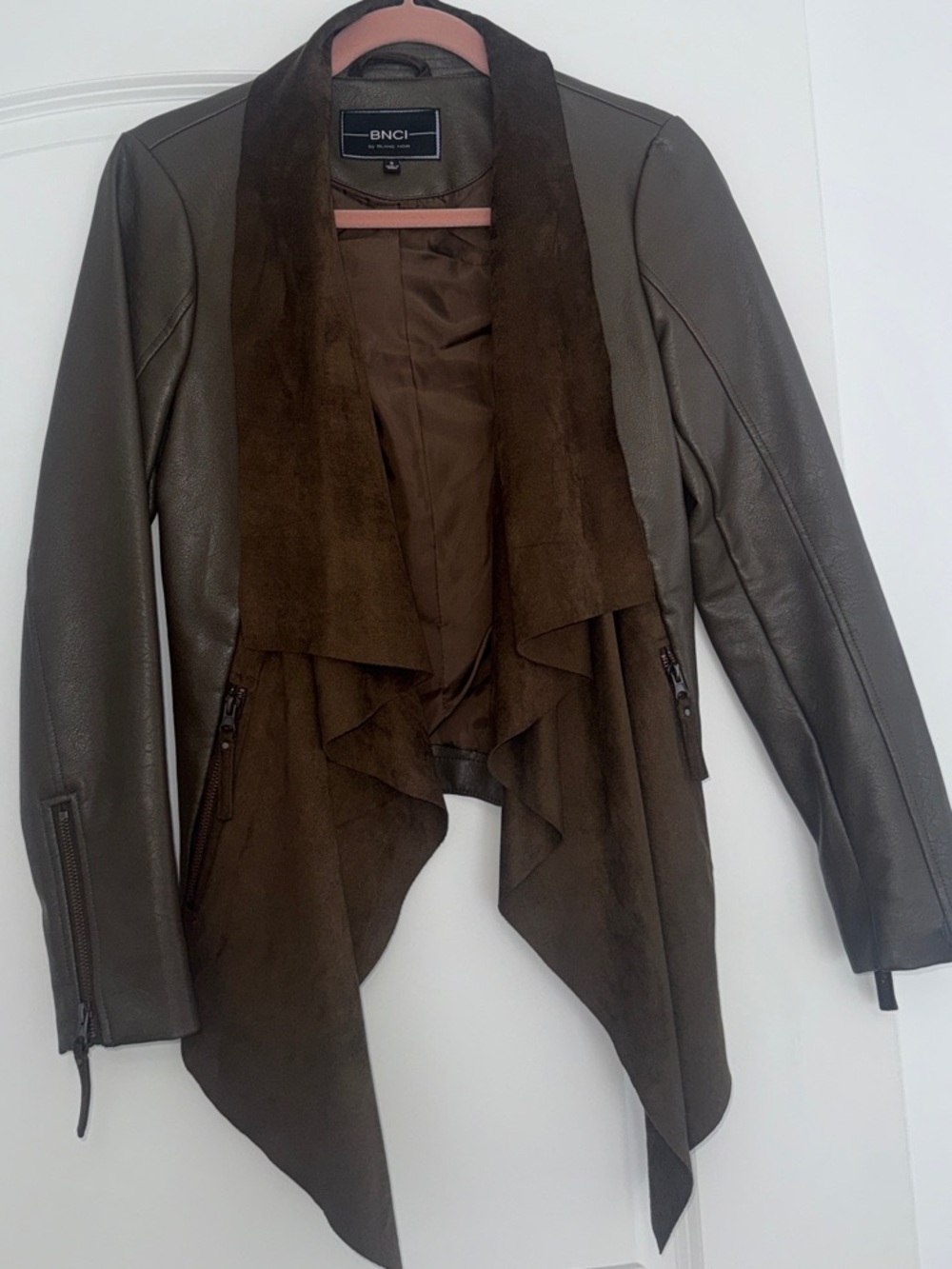 Bnci Dark Brown Draped  Faux Leather Jacket